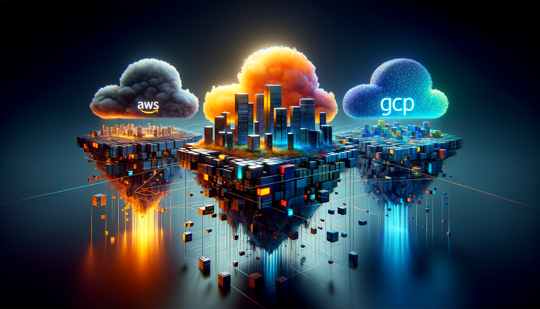 Three cloud provider architectures as floating islands with unique visual identities connected by security beam