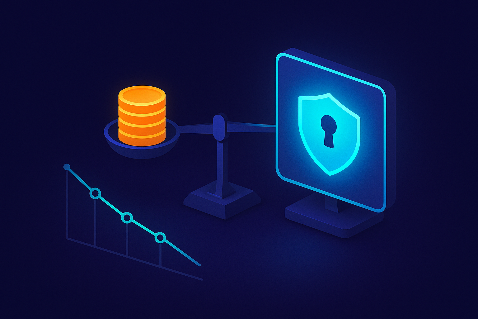 An abstract security buying decision weighing cost against a protected application with risk trending down