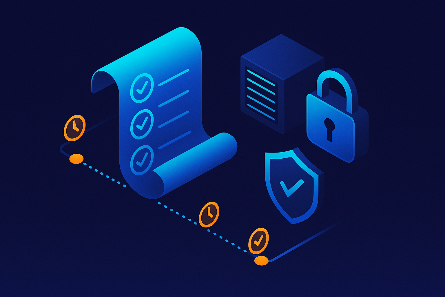 A continuous evidence ledger and audit trail being automatically stamped with verification seals