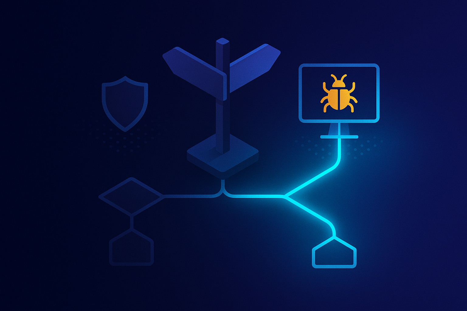 A decision signpost in a digital landscape pointing toward a recommended glowing continuous-testing path