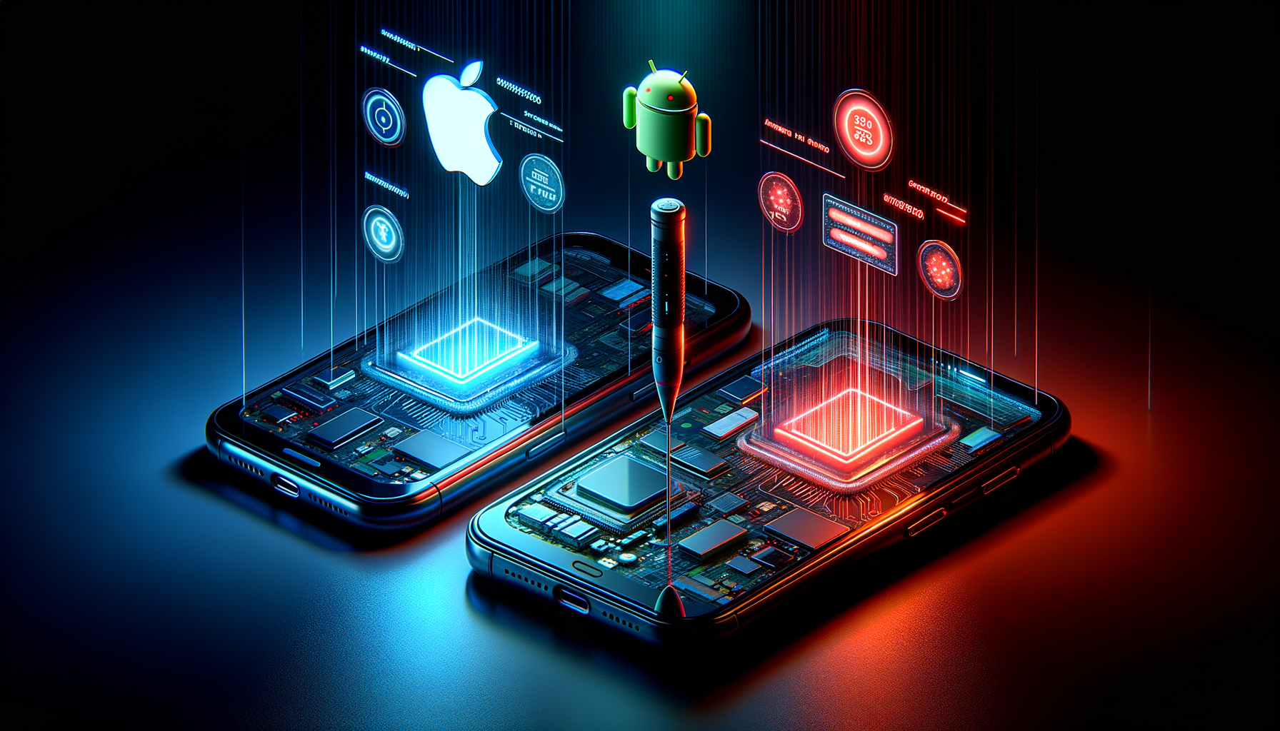 Two smartphones with exposed internal security architectures being scanned by penetration testing probes